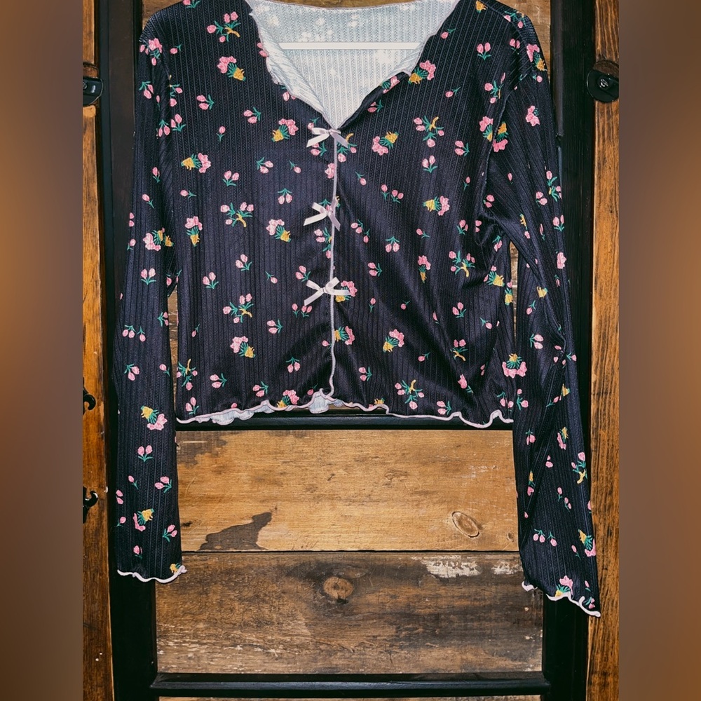 Floral Women’s Pajamas - Black with Pink and Green Accents - Picture 4 of 5